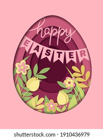 Feliz tarjeta de felicitación de Pascua con presupuesto de papel cortado y flores de primavera. Marco de forma de huevo rosa. 3d Arte de papel de la escena de Pascua con elementos florales en forma de huevo. Ilustración vectorial para afiches, volante