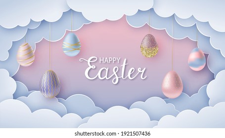Happy Easter greeting card in paper cut style. Paper clouds and realistic Easter eggs on strings. Pink-blue template for background, banner, invitation. Vector illustration.