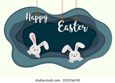 Happy Easter greeting card in paper cut and craft style with rabbits happy in underground house,vector illustration
