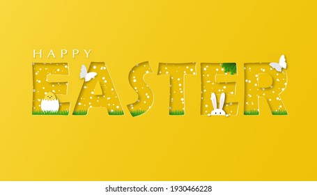 Happy easter. Greeting card in paper cut style. Chicken, rabbit, butterflies on yellow background. Vector illustration.