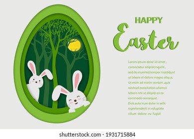 Happy Easter greeting card with paper art of bunny in egg shape background,vector illustration