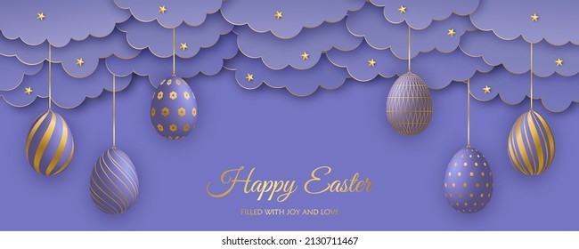 Happy Easter greeting card. Paper clouds, realistic Easter eggs on strings and stars in trendy colors Very Peri. Vector illustration.