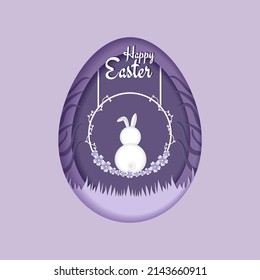 Happy Easter greeting card in paper cut style. Rabbit on a swing among spring flowers. Purple frame in the shape of an egg. Easter day vector illustration.