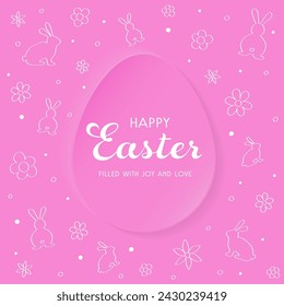 Happy Easter greeting card in paper cut style. Modern minimalist background with egg bunnies and flowers. Vector illustration