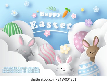 Happy Easter greeting card in paper cut style with rabbit and Easter eggs in white clouds on blue gradient background.
