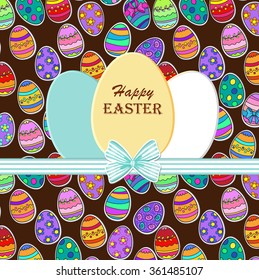 Happy Easter greeting card. Paper eggs with realistic bow. Easter background. Egg sticker.