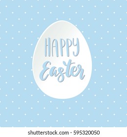 Happy Easter greeting card with paper egg on polka dot blue background. Vector illustration