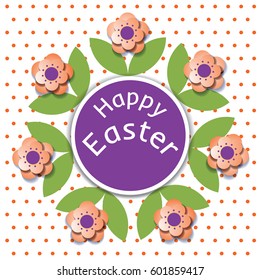 Happy Easter greeting card in paper cut style with white round frame. Trendy design of Holiday background.
