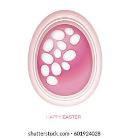 Happy Easter Greeting card. Paper cut Eggs, 3d style. Origami White Oval frame. Pink background. space for text. Vector illustration.