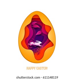 Happy Easter greeting card. Paper art style vector illustration. Elements are layered separately in vector file. 