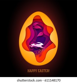 Happy Easter greeting card. Paper art style vector illustration. Elements are layered separately in vector file. 