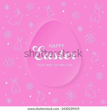 Happy Easter greeting card in paper cut style. Modern minimalist background with egg bunnies and flowers. Vector illustration