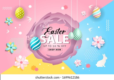 Happy Easter greeting card with paper-cut shapes, colorful ornate eggs on a modern geometric background.Easter greetings and gifts in a flat reclining style.Promotion and trading template for Easter