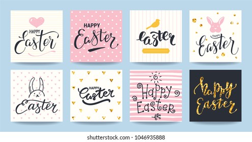 Happy Easter greeting card, party invitation, promotion poster, banner, flyer. Artistic templates collection with gold glittered texture, modern handwritten lettering, holiday symbols, bird and bunny.