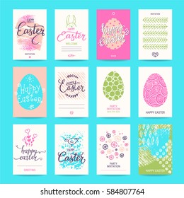 Happy Easter greeting card, party invitation, promotion poster, banner, flyer. Artistic templates collection with hand drawn textures, lettering, brush strokes, linear icons, geometric illustrations.