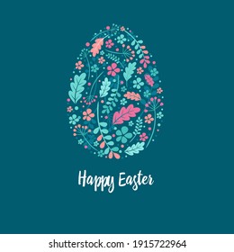 Happy Easter greeting card. Pastel easter egg with floral pattern and lettering, vector illustration. Ornament, pattern, pink and green pastel colors, leaves and flowers. Text of Happy Easter and egg