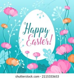 Happy Easter greeting card. Pastel easter egg with floral pattern, vector illustration. Ornament, pattern, pink, orange and green pastel colors, leaves and flowers. Text of Happy Easter on egg.
