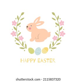 Happy Easter. Greeting card in pastel spring colors. Easter Bunny. Vector illustration.