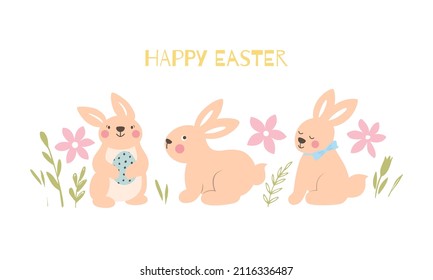 Happy Easter. Greeting card in pastel spring colors. Cute Easter bunny. Vector illustration.