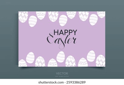 Happy Easter Greeting Card with Pastel Lavender Background and Decorative Eggs Elegant Spring Holiday Template