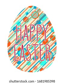 Happy Easter greeting card. Pattern egg symbol and hand drawn lettering vector spring illustration isolated over white.