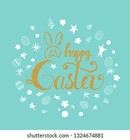 Happy Easter greeting card. Happy Easter phrase and hand drawing eggs, stars and flowers. Vector illustration.