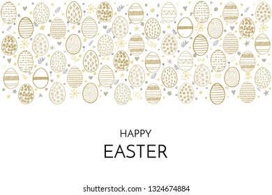 Happy Easter greeting card. Happy Easter phrase and hand drawing eggs isolated on white background. Vector illustration.