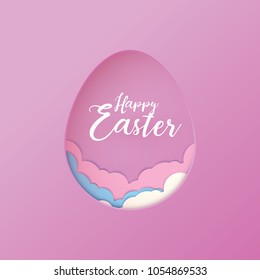 Happy Easter Greeting Card pink pastel vector with cloud Paper cut art