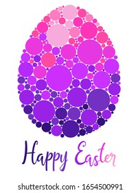 Happy Easter greeting card in pink and purple colors. Easter egg with big and small colorful circles concept design. Vector illustration with lettering on white background.  