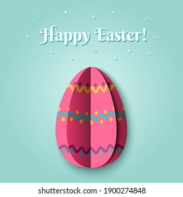 Happy Easter greeting card with pink decorated egg in cut paper style. Colored paper origami technique and trendy design. Vector illustration