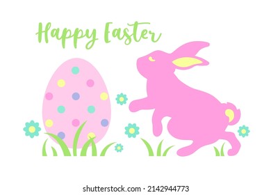 Happy Easter greeting card with pink bunny, egg, flowers isolated on white background. Vector flat illustration. Design for poster, invitation, banner