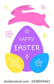 Happy Easter greeting card with pink rabbit and eggs silhouettes on white background.. Vector illustration in modern flat style. Bright poster with handwritten lettering