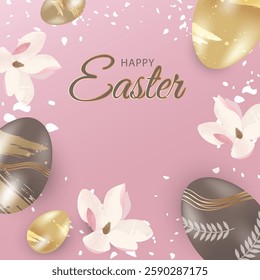 Happy Easter Greeting card, pink background. Gold and chocolate eggs 3D. Vector