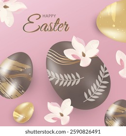 Happy Easter Greeting card, pink background.Magnolia flowers. Gold and chocolate eggs 3D. Vector