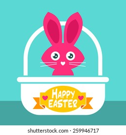 Happy Easter greeting card with pink bunny in basket