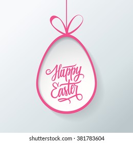 Happy Easter greeting card with pink egg and handwritten wishes. Vector illustration.