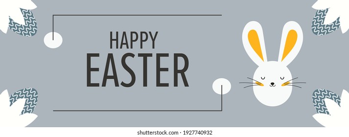 Happy Easter greeting card. Place for congratulations, white rabbit and eggs surrounded by plants