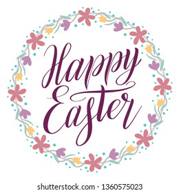 Happy Easter greeting card. Plum color script lettering inscription and wreath with floral ornament. Flower decor, round frame, calligraphic cursive. Pastel and dusty colors. Holiday illustration.