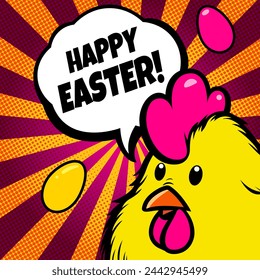 Tarjeta de felicitación de Pascua feliz en estilo pop art con polla. Póster de Pascua festiva, con la imagen de un gallo amarillo. Estilo cómico. Diseño de Pascua de moda con pollo amarillo, huevo y nube de texto en la pancarta