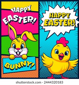 Tarjeta de felicitación de Pascua feliz en estilo pop art. Anuncio festivo de Pascua en estilo cómico. Volante de vacaciones Paschal con polla, pollo y conejo lindo orejas de conejo comics frase de libro y texto en starbursts