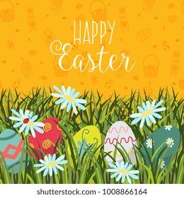 Happy Easter greeting card, postcard, banner design with text and painted eggs, grass and flowers, flat style vector illustration. Happy Easter postcard, greeting card, banner with eggs and flowers