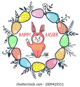 Happy Easter greeting card, postcard, banner design with lettering, cartoon bunnies, eggs, flowers, vector illustration. Happy Easter postcard, greeting card, banner template with bunny, eggs flower