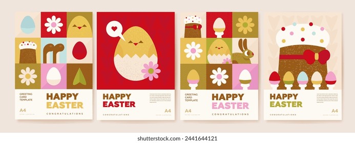 Tarjeta de felicitación de Pascua feliz, postal o banner web con huevos de Pascua y formas de bauhaus. Fondo de Pascua con elementos minimalistas de brutalismo geométrico. Ilustración de vector