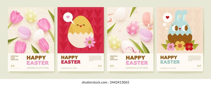 Happy easter greeting card, postcard or web banner with realistic easter eggs and bauhaus shapes. Easter background with 3d and minimalist geometric brutalism elements. Vector illustration