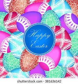 Happy Easter greeting card, postcard, banner. Creative vector illustration. Multicolored ornamental eggs.