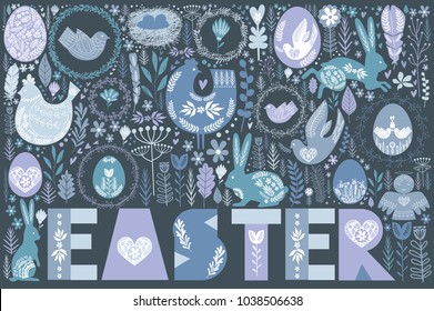 Happy Easter greeting card, poster in Scandinavian style. Editable vector illustration 