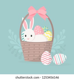 Happy easter greeting card, poster with cute bunny. Rabbit and basket with easter eggs. Vector illustration.
