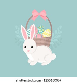 Happy easter greeting card, poster with cute bunny. Rabbit and basket with easter eggs. Vector illustration.