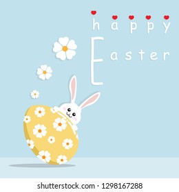 Happy Easter greeting card, poster, with cute, sweet bunny and flowers Colorful Happy Easter greeting card with rabbit, bunny, egg.