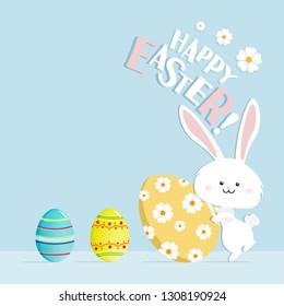 Happy Easter greeting card, poster, with cute, sweet bunny and flowers Colorful Happy Easter greeting card with rabbit, bunny, egg.